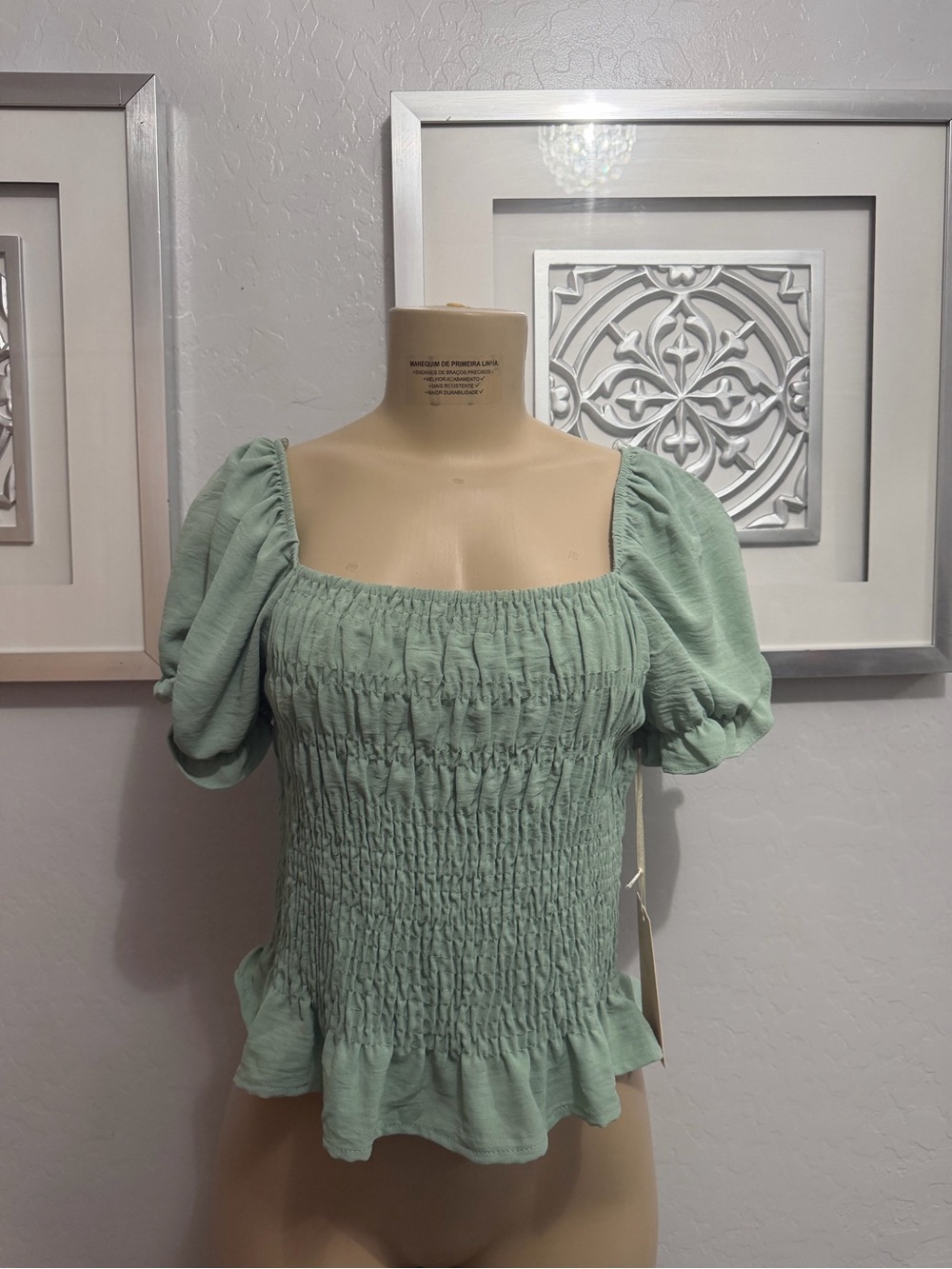 Smocked Puff Sleeve Top - Sage Green